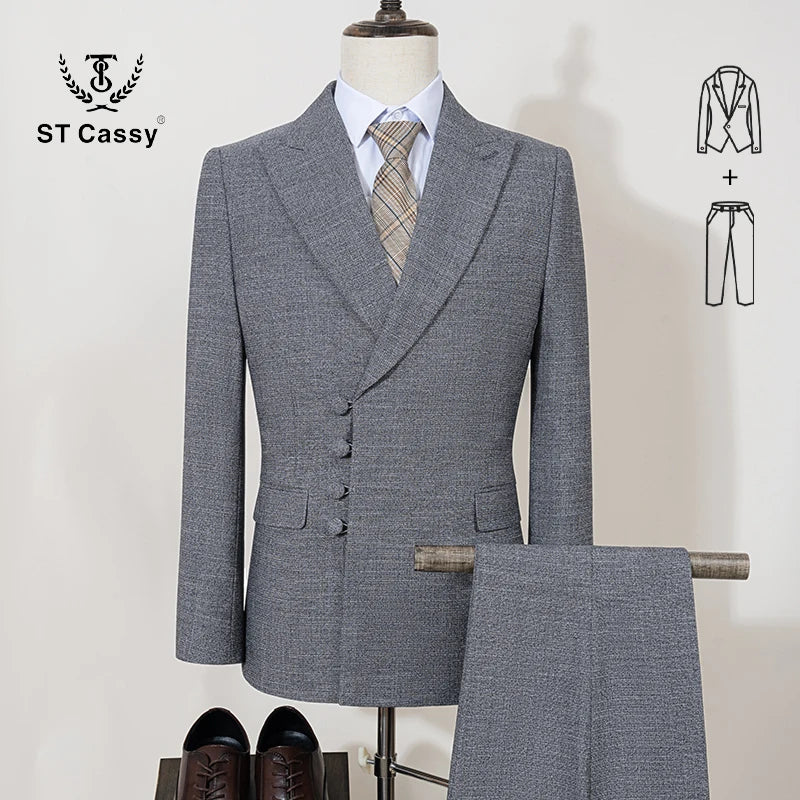 ST Cassy Elegant Men's Suits for Wedding Slim Fit Double Breasted Multiple Buttons Casual Business Two-Piece Dress Party Outfit