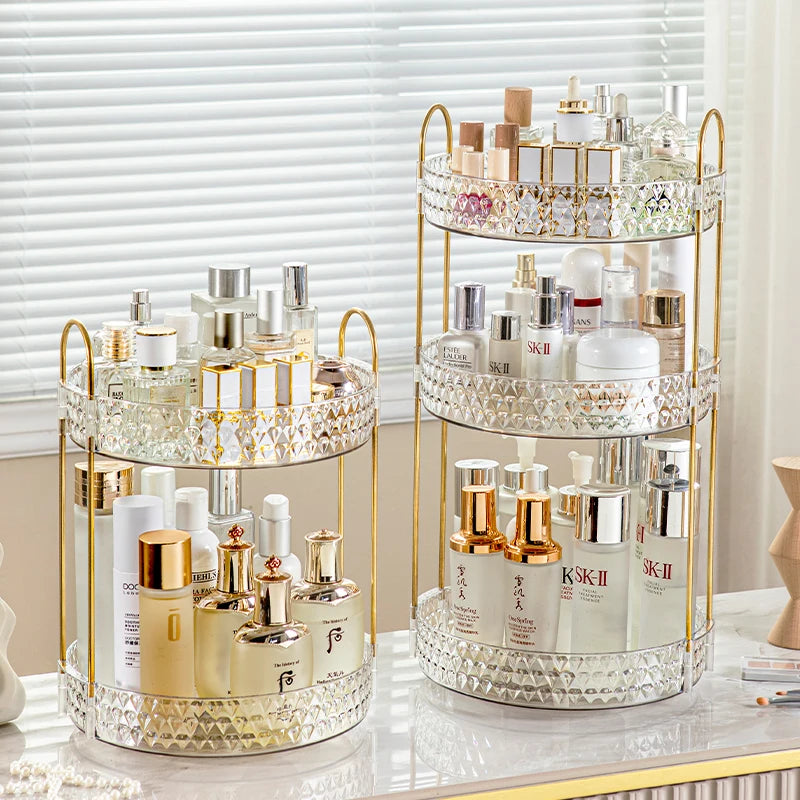 Rotating Cosmetic Organizer 3 Tier Transparent Diamond Pattern Cosmetic Rack Bathroom Cosmetic Vanity Organizer Countertop