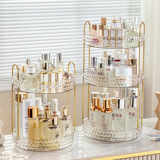 Rotating Cosmetic Organizer 3 Tier Transparent Diamond Pattern Cosmetic Rack Bathroom Cosmetic Vanity Organizer Countertop