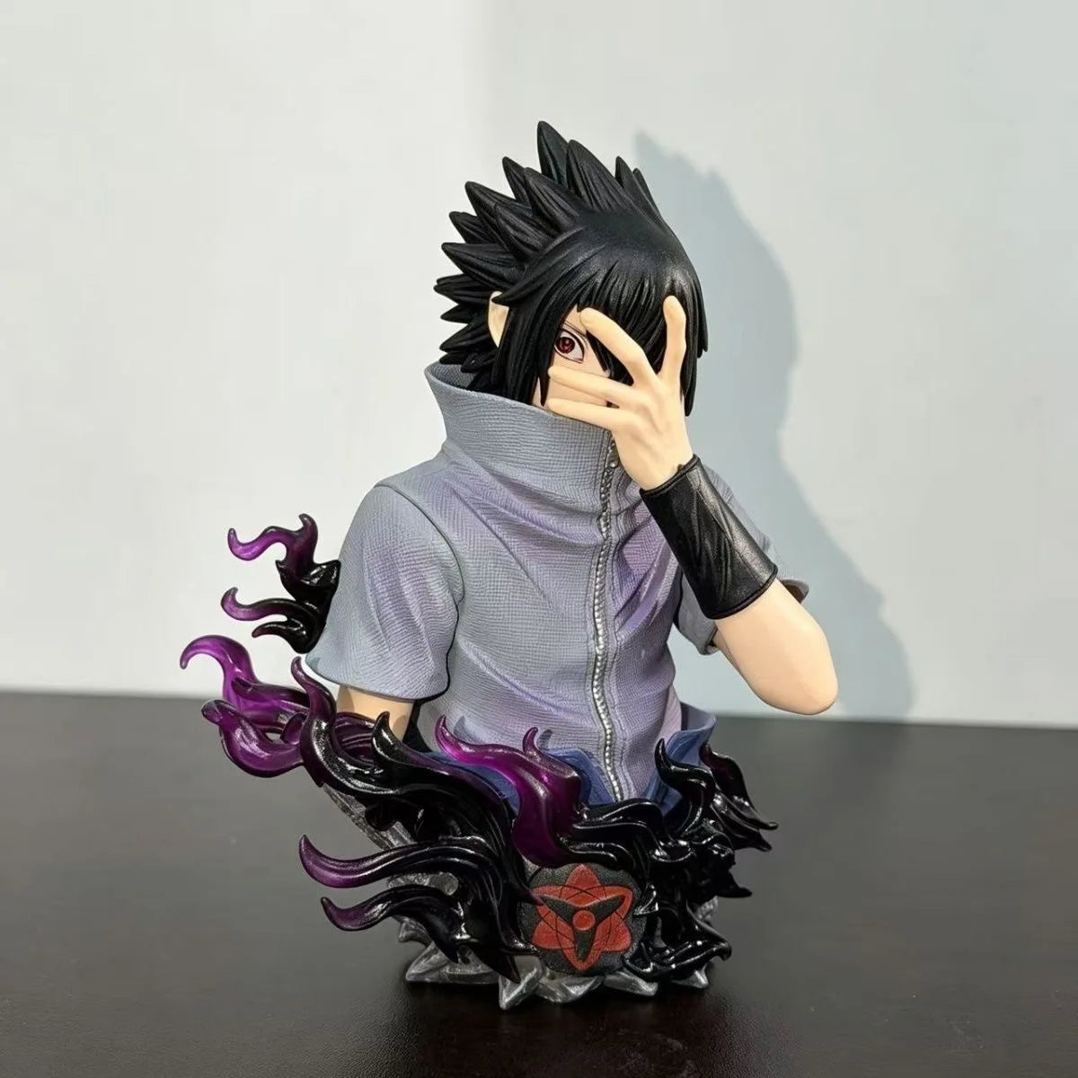 14cm Anime Naruto Uchiha Sasuke Bust Figure Mangekyou Sharingan Curse Mark Purple Flame Effect Statue High Detail PVC Figurine H