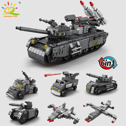 HUIQIBAO Military Tank 648pcs 6in1 Building Blocks Set Truck Plane Army Bricks City Construction Toy For Children Kids Game