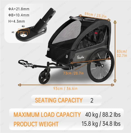 BT920 Child Bike Trailer Double Seat Max 88lbs Foldable Compact Storage Jogging Stroller Mode With Handbrake