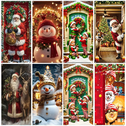 Christmas Theme Santa And Elk Backdrops Snowman Hanging Door Banner Indoor Outdoor Veranda Xmas Curtain Cover Festive Supplies