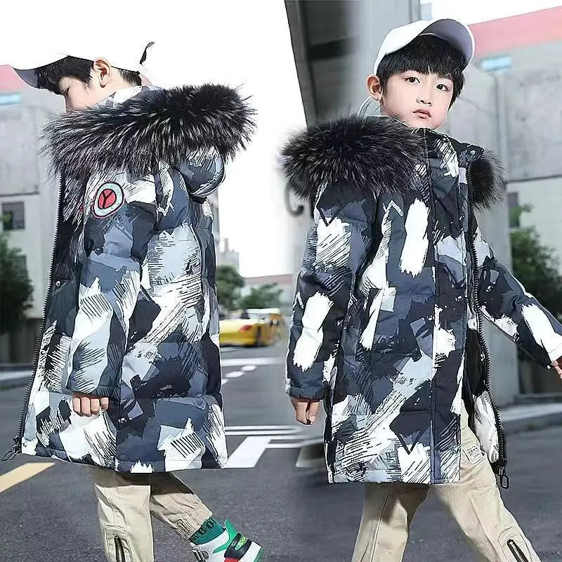 Winter Kids Thickened Long Coats Boys Camouflage Padded Hooded Cotton Jackets Plus Velvet Warm Outerwear Children Clothing