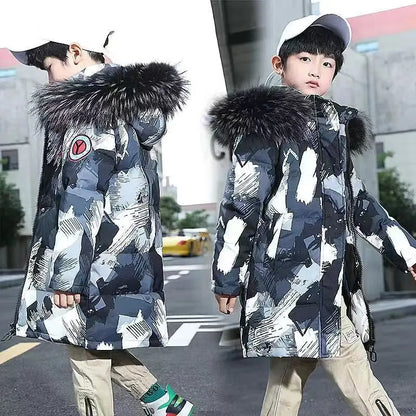 Winter Kids Thickened Long Coats Boys Camouflage Padded Hooded Cotton Jackets Plus Velvet Warm Outerwear Children Clothing