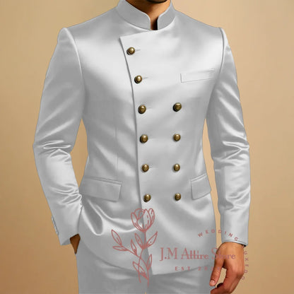 Green Suits for Men 2 Piece Satin Sets Double Breasted Blazer Pants Tailored Wedding Party Travel Africa Traditional Clothes