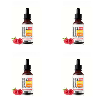 Vitamin B12 Liquid Drops 60ml Raspberry Flavor with Vitamin B6+B1 Etc Multivitamin Support Energy Recovery & Brain,Heart Health