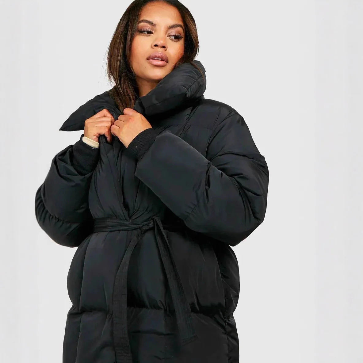 Zekye Down Jacket Warm Waist-cinching Long-sleeve Tied-waist Loose Solid-color Fashionable Women's Winter Jacket Lightweight