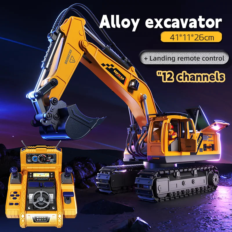 Large Alloy RC Excavator Remote Control Construction Vehicle with Operation Console, LED Light, 680° Rotation, Digger Truck Toy