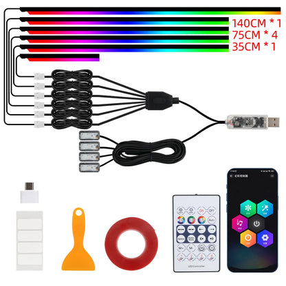 10 in 1 Car Interior Acrylic LED Ambient Lights 140cm 110cm For Tesla USB APP Remote Control RGB Symphony Atmosphere Lamp