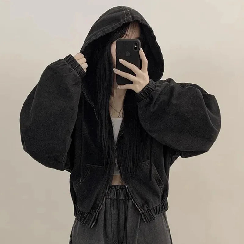 Korean Lazy Chic Autumn Retro Style Zipper Universal Loose Casual Long Sleeve Hooded Short Light Denim Jacket