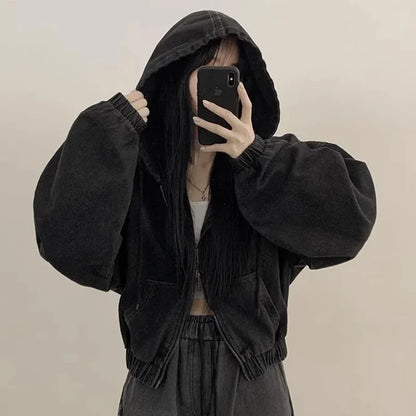 Korean Lazy Chic Autumn Retro Style Zipper Universal Loose Casual Long Sleeve Hooded Short Light Denim Jacket