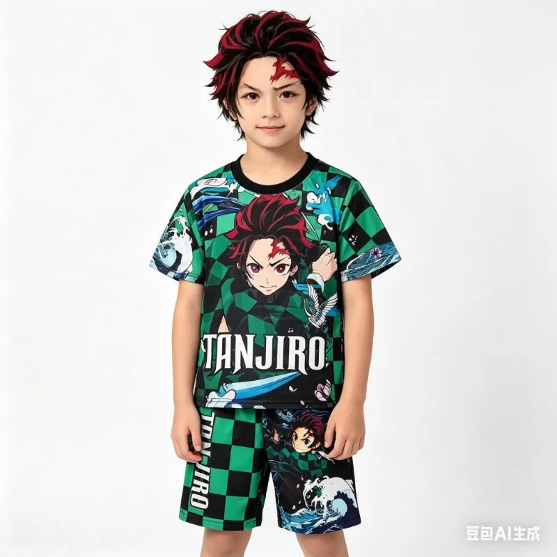 Demon Slayer Kyojuro Rengoku Flame Hashira 2-Piece Set Short Sleeve T-shirt and Matching Shorts Anime Print Casual Loungewear