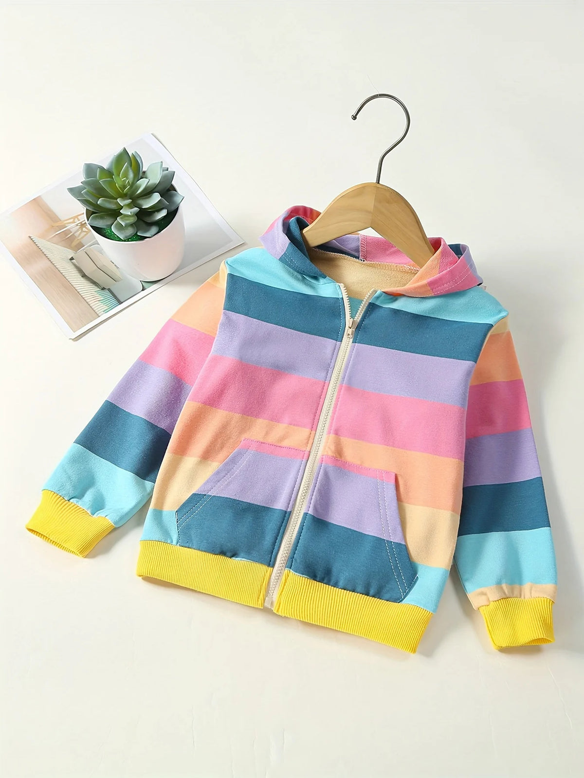 Girls' Trendy Casual Hooded Sports Jacket Multi-Color Striped Long Sleeve Coat Spring Autumn Fashion Outerwear for Kids