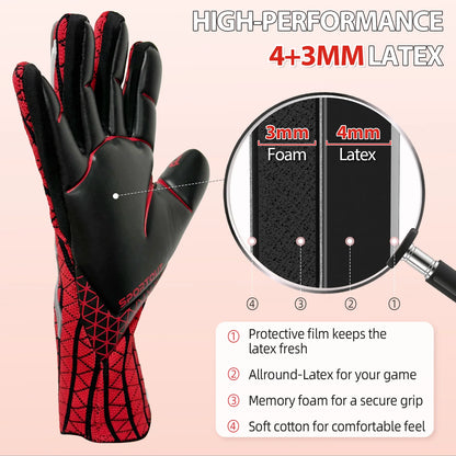 Goalkeeper gloves, men's goalkeeper gloves, football gloves, 4+3mm latex with super strong grip and strong breathability
