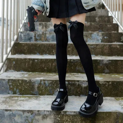 Opaque Bow Knee High Socks New Women Black White Sexy Thigh High Stockings over Knee Long Tights for Girls Ladies
