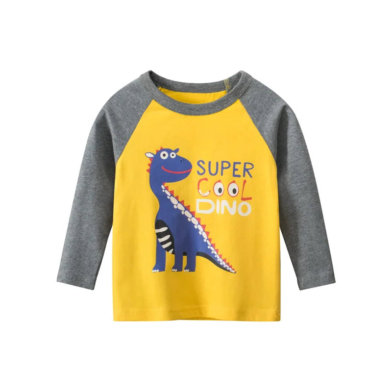 2026 Spring  Autumn Children Boys Long Sleeve T-Shirts Cartoon Dinosaur Cotton Tops 2-8 Years Kids Baby Boy Tees Toddler Clothes