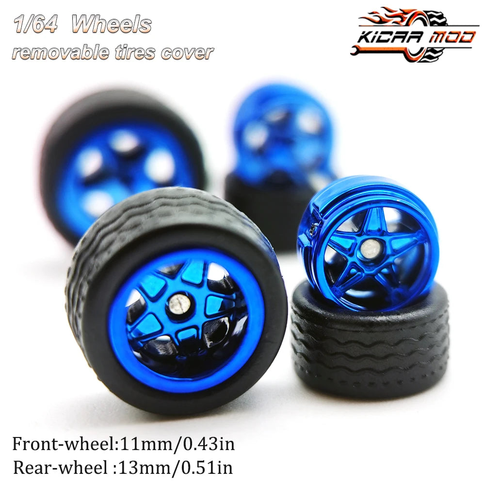 1/64 Model Car Wheels with Rubber Detachable Tires Pentagram Spoke Refitting Parts for Matchbox D:11mm+13mm 1 Set