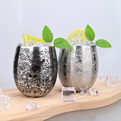 350ml Unique Flower Etching Cup Stainless Steel Egg Shaped Martell Whiskey Beer Mug Cocktail Wine Tumbler Water Drink Cups Gift