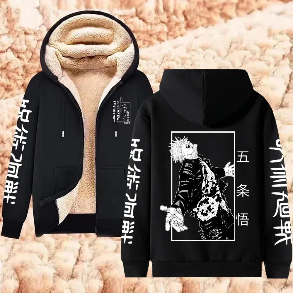 Jujutsu Kaisen Warm Zipper Jacket Gojo Satoru Anime Thicken Hoodie Men Women Lamb Wool Casual Long Sleeve Sweatshirts Streetwear