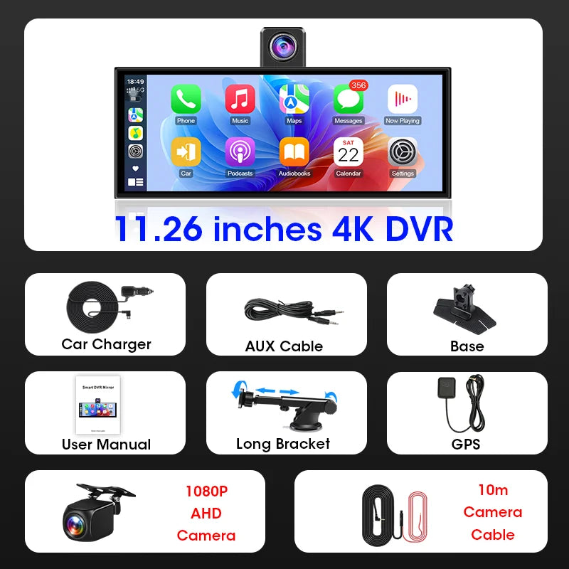 11.3 inch 4K Car DVR Carplay Android Auto Rotatable Lens Dashcam GPS Navigation Dashboard FM AUX Rear Camera Video Recording