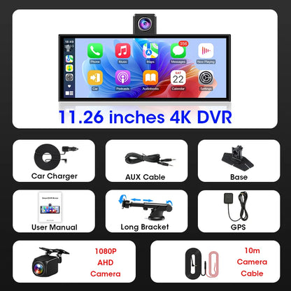 11.3 inch 4K Car DVR Carplay Android Auto Rotatable Lens Dashcam GPS Navigation Dashboard FM AUX Rear Camera Video Recording