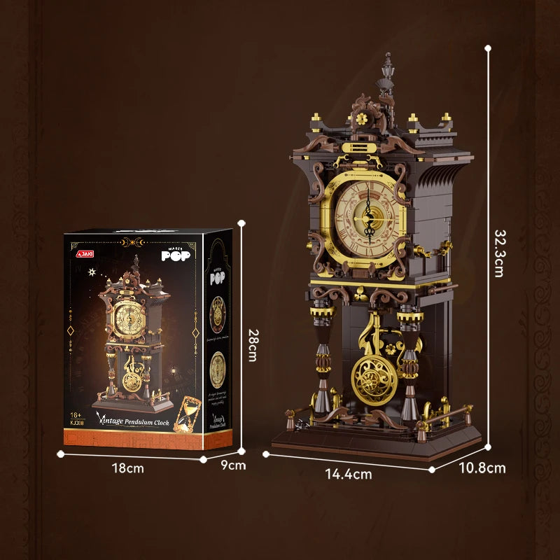 Steampunk Style Mechanical Clock Building Blocks Brown Gold Gear Model Detailed Roman Numerals DIY Toy Collectible Ornament Gift