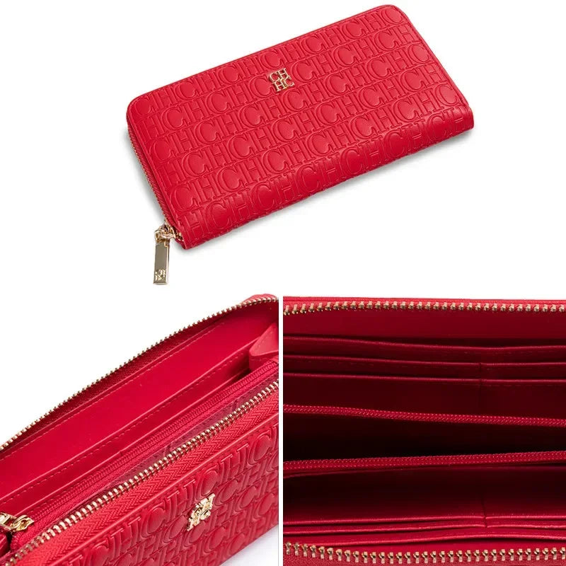 CH Elegant Embossed Zipper Wallet Brand Gold Micro Logo Multi-Card Slots Zipper Compartment Leather Clutch Wallet