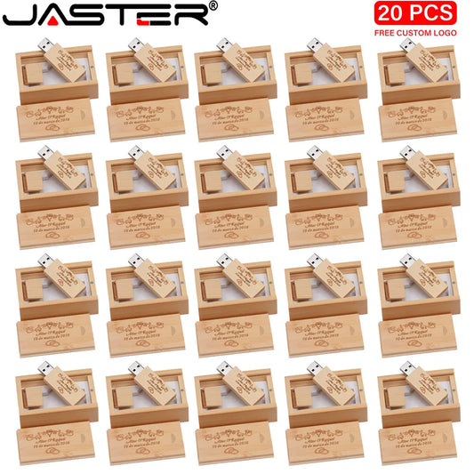 JASTER 20PCS/LOT Wooden USB 2.0 Flash Drive 128GB Free LOGO Pen Drive 64GB Bamboo with Box Memory Stick Business Creative U Disk