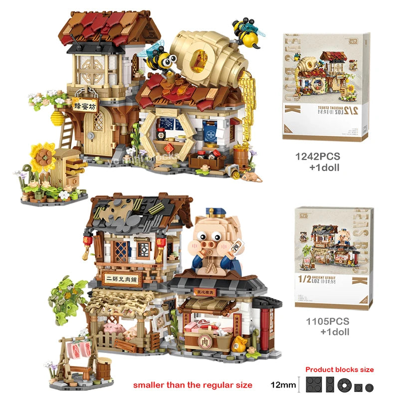 LOZ New Creative Mini Street View Bee Shop Building Block DIY Chinese Folding StreetView Pork Shop Puzzle Toys Birthday Gift