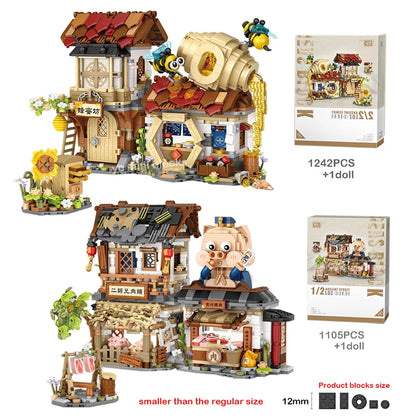 LOZ New Creative Mini Street View Bee Shop Building Block DIY Chinese Folding StreetView Pork Shop Puzzle Toys Birthday Gift