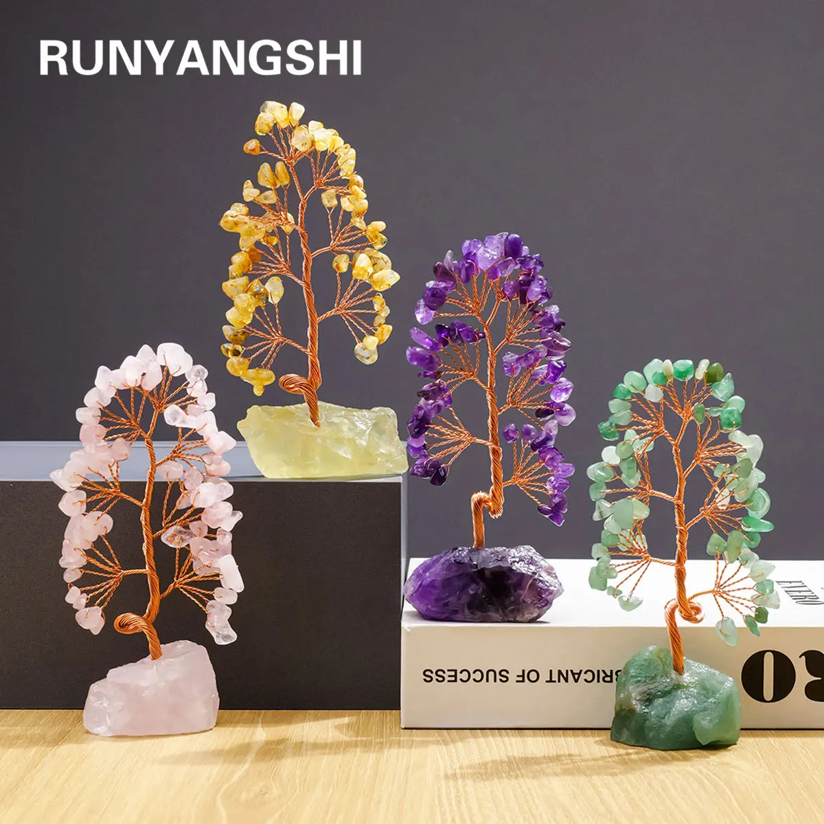 1 Piece Natural Gemstone Crystal Lucky Tree Decoration with Raw Stone Base – for Home, Office Desk & Living Room