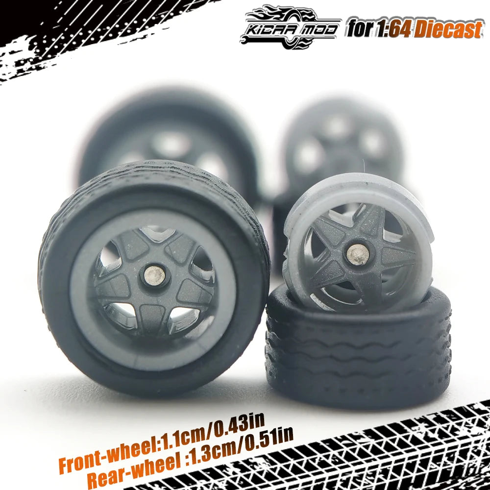 1/64 Model Car Wheels with Rubber Detachable Tires Pentagram Spoke Refitting Parts for Matchbox D:11mm+13mm 1 Set