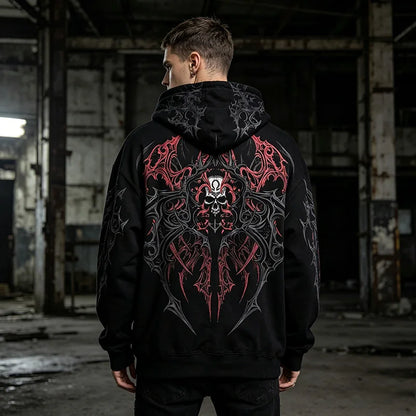 Men Gothic Skull Thorn Graphic Full Zip Up Hoodie Fleece Lined Long Sleeve Winter Punk Goth Streetwear Oversized Sweatshirt