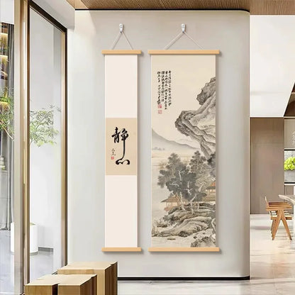 New Chinese Zen Tapestry Wall Hanging She De Calligraphy Ink Landscape Art for Study Tea Room Corridor Room Decoration