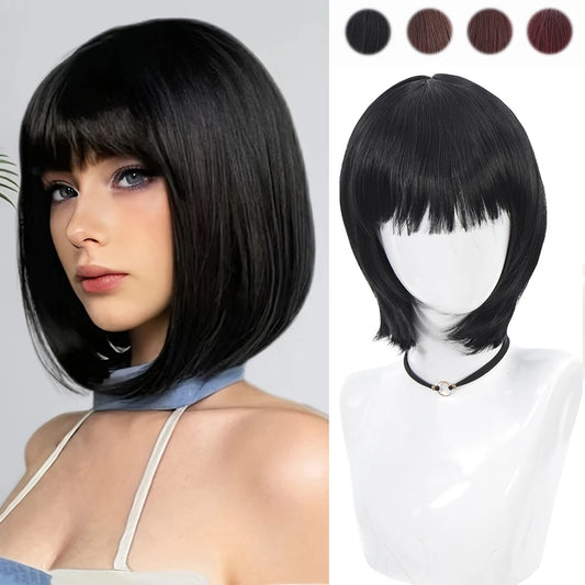 Short Straight Bob Black For Women synthetic wig with fringe Ladies High temperature silk wig For Christmas Carnival Daily wear