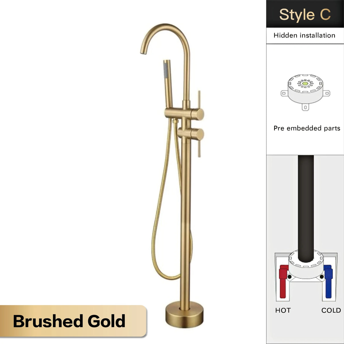 AITANA Luxury Black Brass Bathroom Faucet. Floor Standing Design with Simple 2 Handle Hot and Cold Bathtub and Dual-Mode Faucet