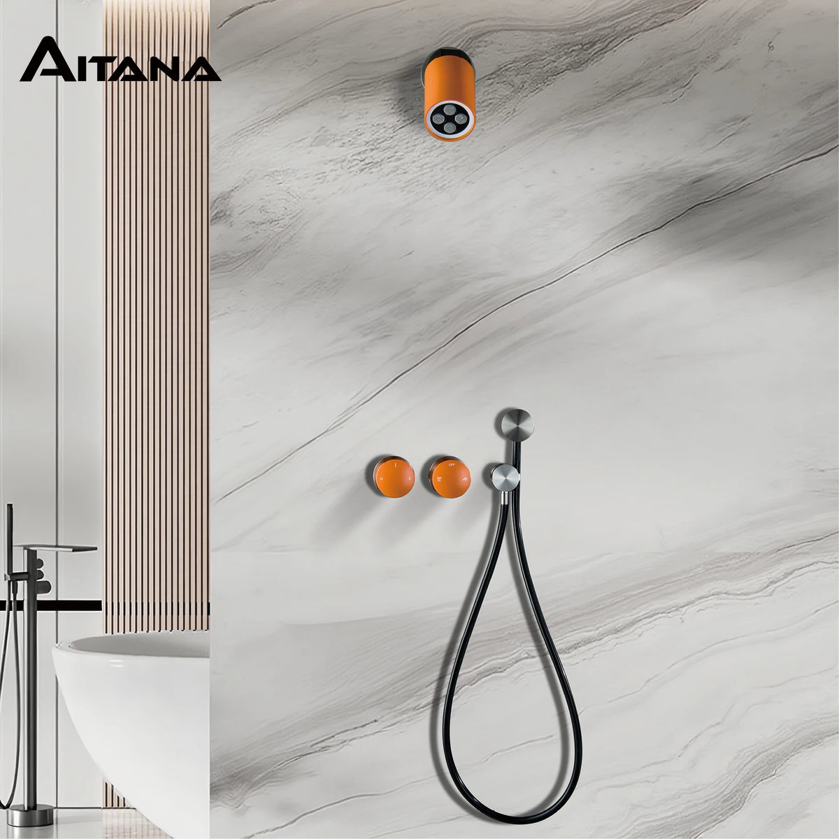 Aitana Minimalist Black Brass Wall-Mounted Bathroom Shower System with LED Light Rainfall Head 2 Functions of Hot And Cold Water