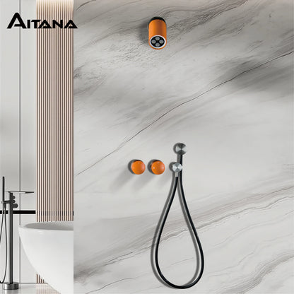 Aitana Minimalist Black Brass Wall-Mounted Bathroom Shower System with LED Light Rainfall Head 2 Functions of Hot And Cold Water