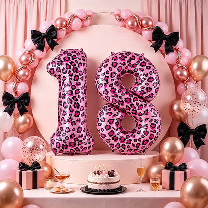 32 Inch Pink Leopard Print Number Foil Balloon 0‑9 Digit Balloon Wild Animal Helium Balloon for Birthday Anniversary Party Decor