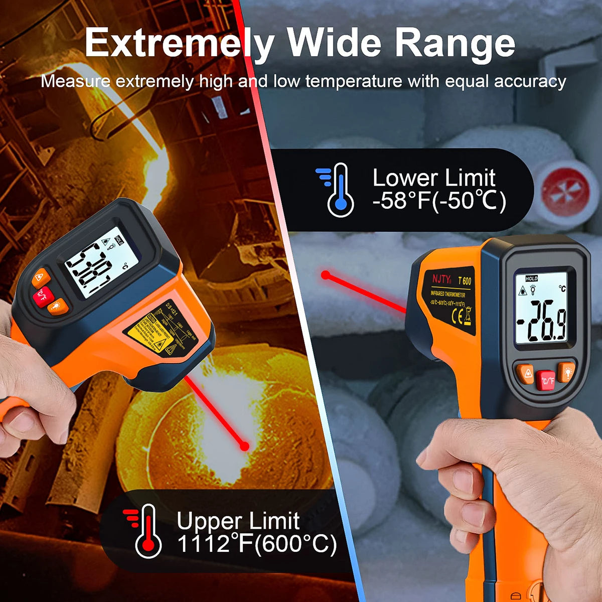 Digital Infrared Thermometer Sensor Handheld Non-contact IR LCD Backlit Display Laser Temperature Gun 600 °C for Household