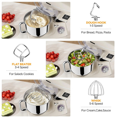 Tand Mixer with LCD Display, 1900W Professional Dough Kneader with 6-Speed & Pulse, Full Set Attachments & Stainless Steel Bowl,