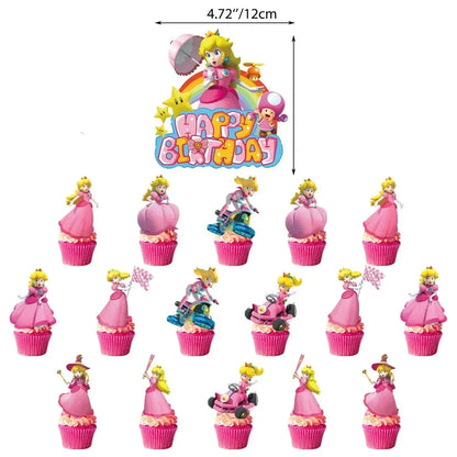 Mario Luigi Peach Princess Yoshi Toad Cake Insertion Cards Banner Spiral Tablecloth Mario Theme Birthday Party Carvinal Props