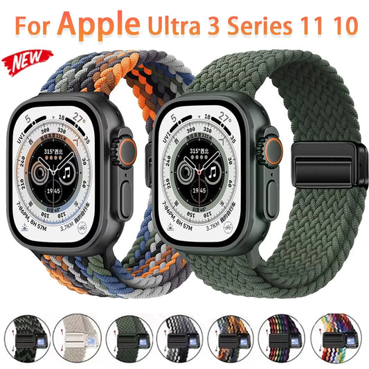Nylon Braided Loop Band For Apple Watch Ultra 3 2 49mm 11 10 46mm 42mm 9 8 7 45/41mm Magnetic Strap iWatch 6 5 SE 44/40mm Correa