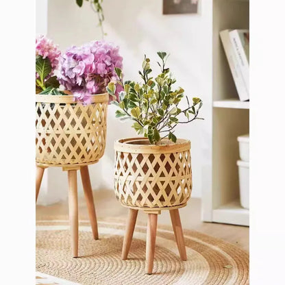 Flower Stand Nordic Solid Wood Rattan Living Room Sofa Side Table Floor-standing Bamboo Shelf Corner Balcony Flower Pot Shelf