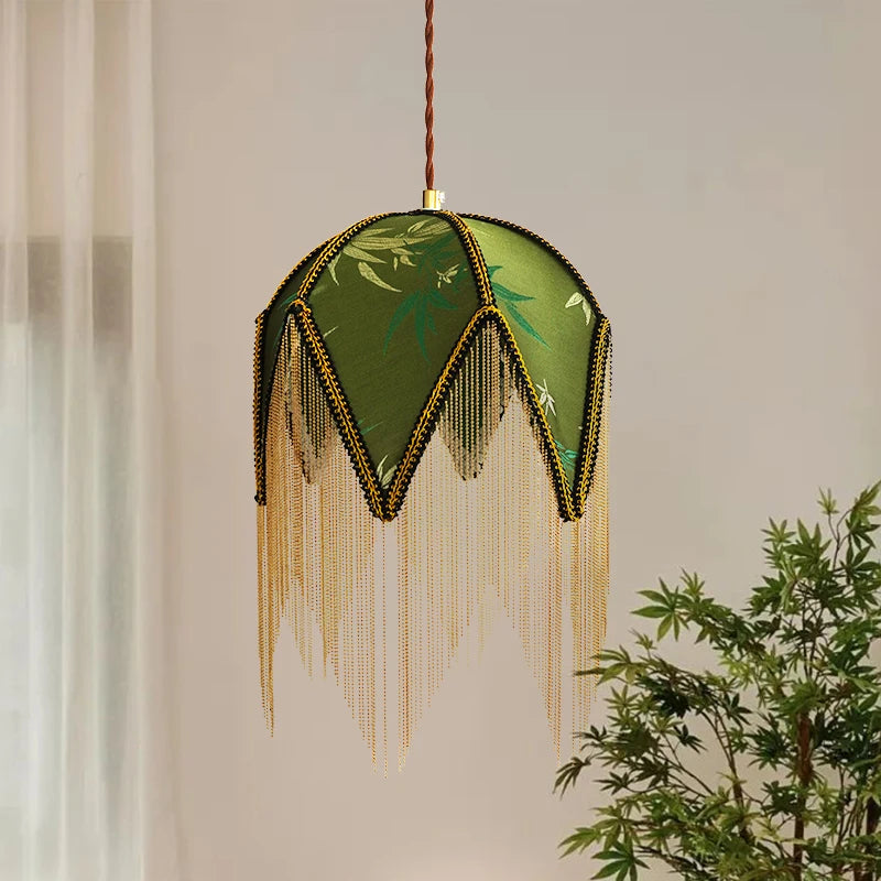 IWHD Living Room LED Pendant Light Fixture Coffee Table Decoration Green Yellow Cloth Gold Iron Hanging Lamp Iustres De Plafond