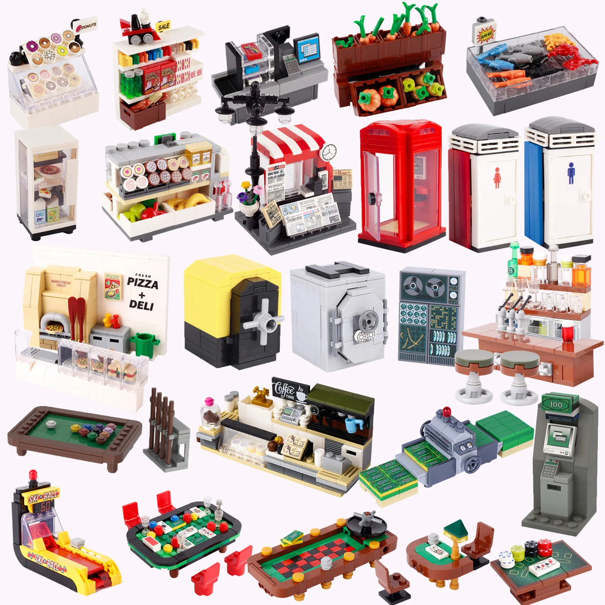 MOC City Supermarket Shop Store Building Blocks Street View Drink Food Vegetable Food Accessories Dessert Blocks Printed Bricks