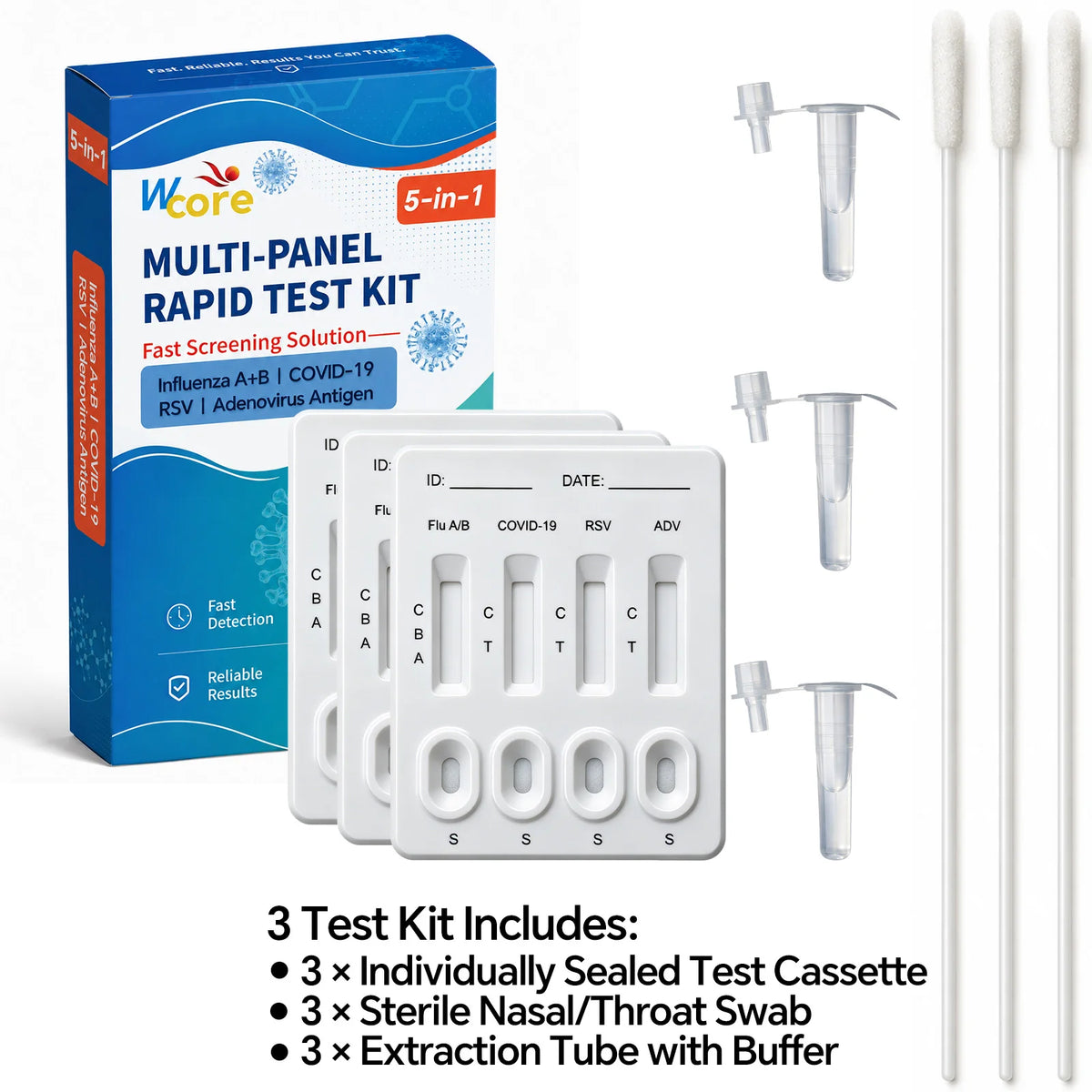 5-in-1 Respiratory Antigen Rapid Test Kit for Influenza A&B, SARS COVID-19, RSV, Adenovirus, Fast Accurate Easy-to-Read Results
