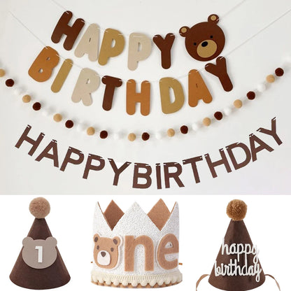 Cute Bear Kids 1st Birthday Hat Thick Non-woven Cute Bear Felt Birthday Banner Ball String Baby Shower Party Decoration Supplies