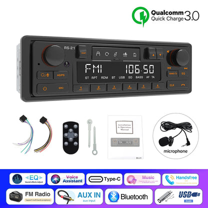 1DIN Retro Car Radio MP3 Player Stereo Bluetooth FM AM RDS Support QC3.0 For Porsche VW Benz BMW Land Rover Audi Alfa Romeo